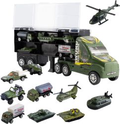 Truck met legervoertuigen